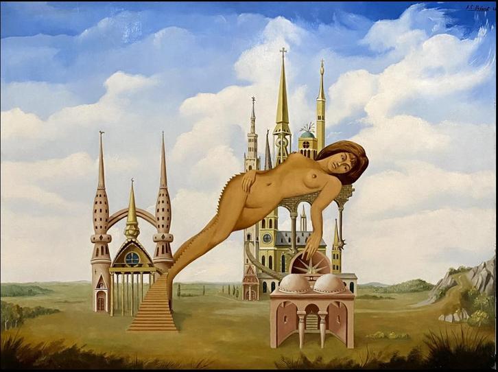 Huile sur panneau La ville mirage signe Carl prevot, Antiquités & Art, Art | Peinture | Classique, Enlèvement ou Envoi