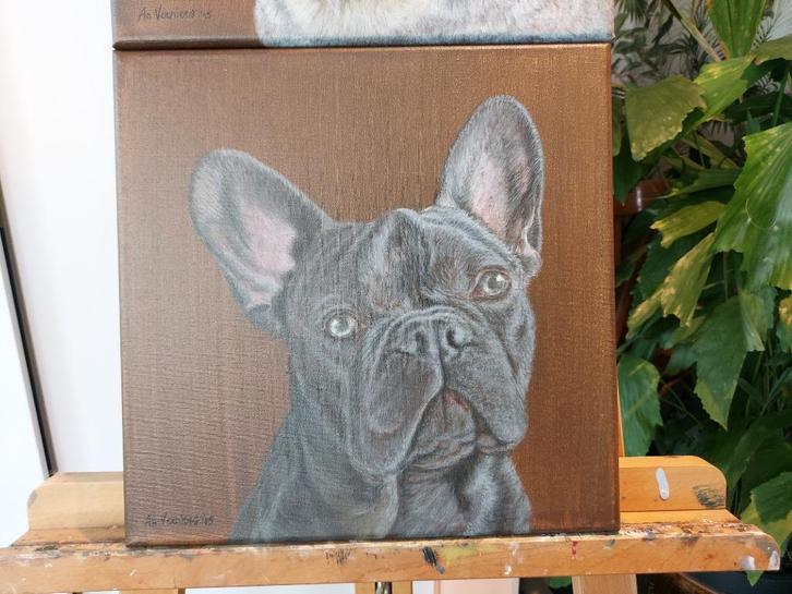 3 schilderijtjes franse bulldogs op doek, Antiek en Kunst, Kunst | Schilderijen | Klassiek, Ophalen of Verzenden