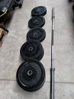 150kg Bumperplates met Olympische Barbell 220cm ,20kg, Sport en Fitness, Halterschijven, Gebruikt, Ophalen