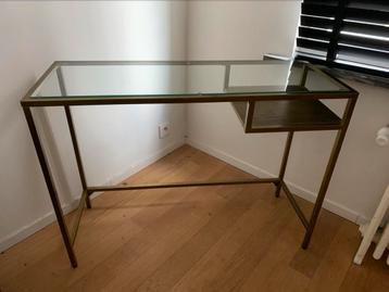 Designbureau/console van glas en goudkleurig metaal  beschikbaar voor biedingen