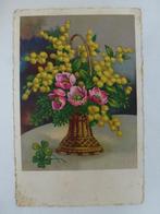 oude prentkaart bloemen mimosa klavertje 4, Verzenden, 1920 tot 1940, Gelopen, Overige thema's