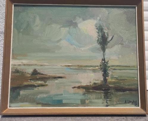 huile sur panneau paysage signe achiel strybol, Antiek en Kunst, Kunst | Schilderijen | Klassiek, Ophalen of Verzenden