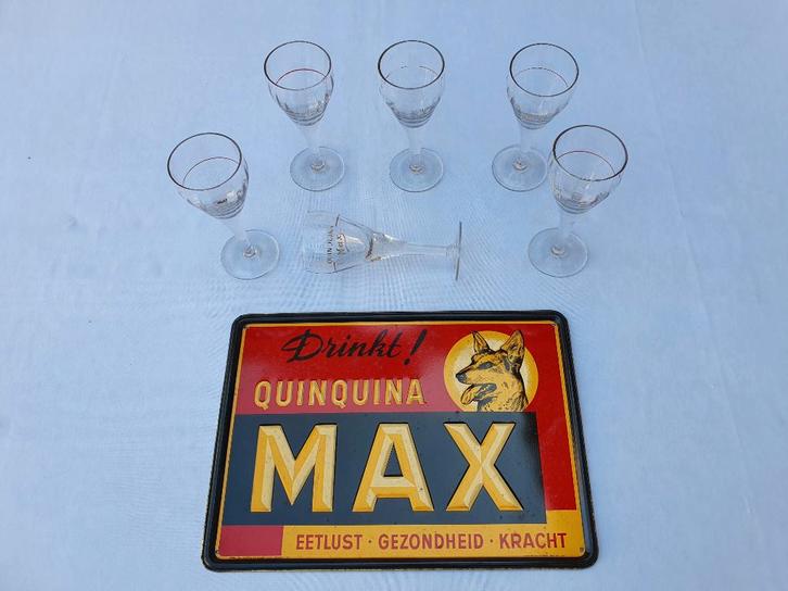 Assiette en métal Quinquina Max avec 6 verres assortis 1950, Collections, Marques & Objets publicitaires, Utilisé, Panneau publicitaire