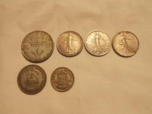 Lot van 6 Zilveren Belgische/ Franse en Engelse munten, Postzegels en Munten, Munten | België, Losse munt, Zilver, Zilver, Ophalen of Verzenden