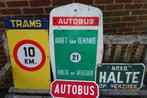4 vintage borden,openbaar vervoer Belgie,in metaal., Ophalen of Verzenden, Gebruikt, Gebruiksvoorwerp