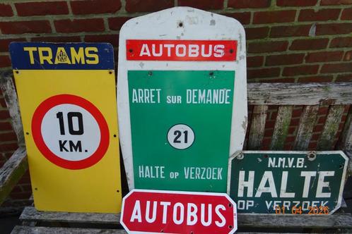 4 vintage borden,openbaar vervoer Belgie,in metaal., Verzamelen, Merken en Reclamevoorwerpen, Gebruikt, Gebruiksvoorwerp, Ophalen of Verzenden