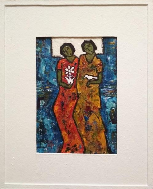 "Vrienden" Schilderij met lijst, Antiek en Kunst, Kunst | Schilderijen | Modern, Verzenden
