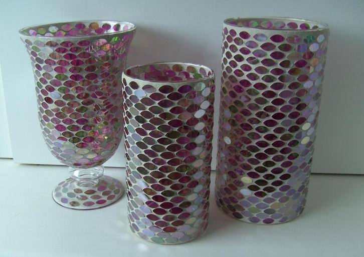 KANDELAARS, WINDLICHT, DECO VAZEN GLAS MOZAIEK 3 DLG GROOT, Huis en Inrichting, Woonaccessoires | Kandelaars en Kaarsen, Nieuw