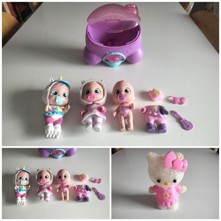 Set van 3 kleine Cry Babies-poppen+accessoires+Hello Kitty, Kinderen en Baby's, Speelgoed | Poppen, Gebruikt, Ophalen of Verzenden