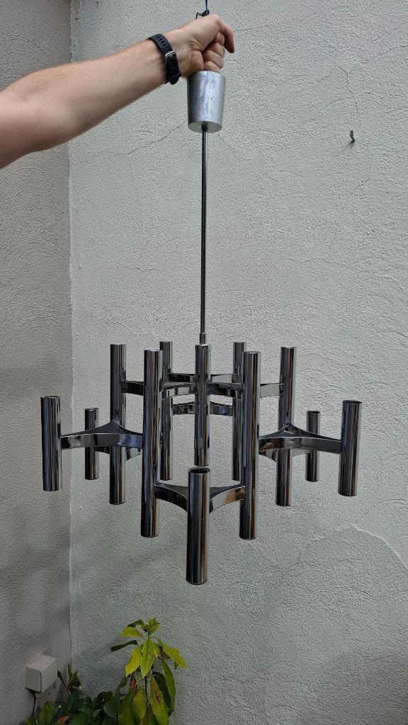 Mid Century chrome luster (Sciolari?), Huis en Inrichting, Lampen | Kroonluchters, Gebruikt, Metaal, Ophalen