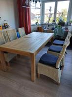 Teak tafel + 6 rieten stoelen, Huis en Inrichting, Tafels | Eettafels, Ophalen, Gebruikt, 100 tot 150 cm, Rustiek