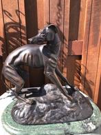 bronzen whippet greyhound windhond op groen marmer, Antiek en Kunst, Ophalen of Verzenden