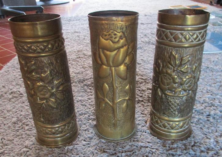 WO1 - Gegraveerde Duitse obussen, Verzamelen, Militaria | Algemeen, Landmacht, Kunstobject, Ophalen