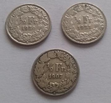 Lot 3x 1/2 frank zwitserland zilver 1907 1920 1921 beschikbaar voor biedingen