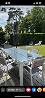 Witte tuintafel, glazen blad, 1.60.met 6stoelen. Vinci, Tuin en Terras, Ophalen, Eettafel, 6 zitplaatsen, Aluminium