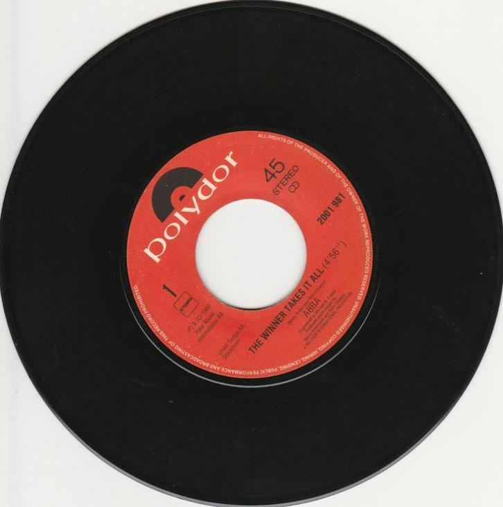 45T vinyl single 'The winner takes it all' van ABBA, Cd's en Dvd's, Vinyl | Pop, Gebruikt, 1960 tot 1980, Overige formaten, Ophalen of Verzenden