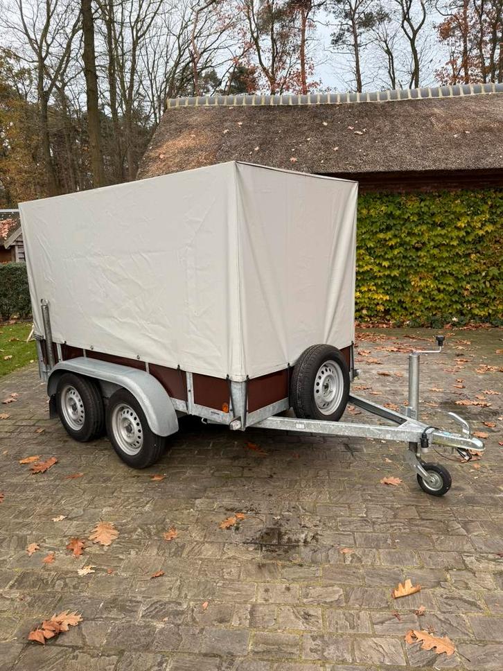 Aanhangwagen dubbelas met huif Revo, Auto diversen, Aanhangers en Bagagewagens, Zo goed als nieuw, Ophalen