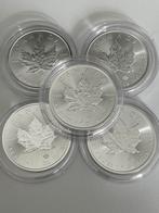 5 mooie zilveren munten 1oz Maple Leaf in capsule, Postzegels en Munten, Edelmetalen en Baren, Ophalen of Verzenden, Zilver
