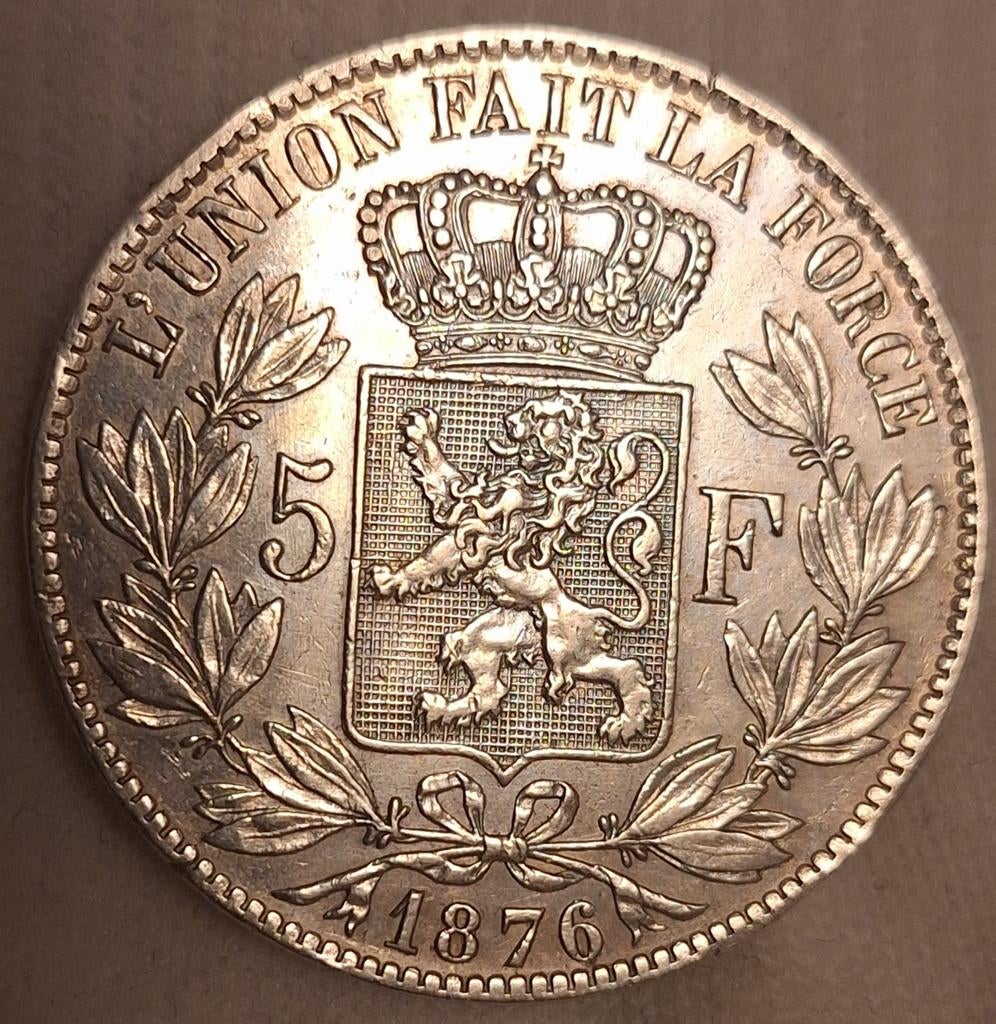 5 Frank 1876 Leopold II - Topkwaliteit - Zeldzame varië, Postzegels en Munten, Munten | Nederland, Ophalen of Verzenden