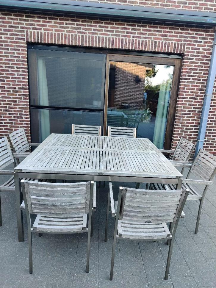 Tuinset met 8 stoelen en 2 relaxstoelen, Jardin & Terrasse, Ensembles de jardin, Utilisé, Salons de jardin, Inox, 8 places, Table à dinner