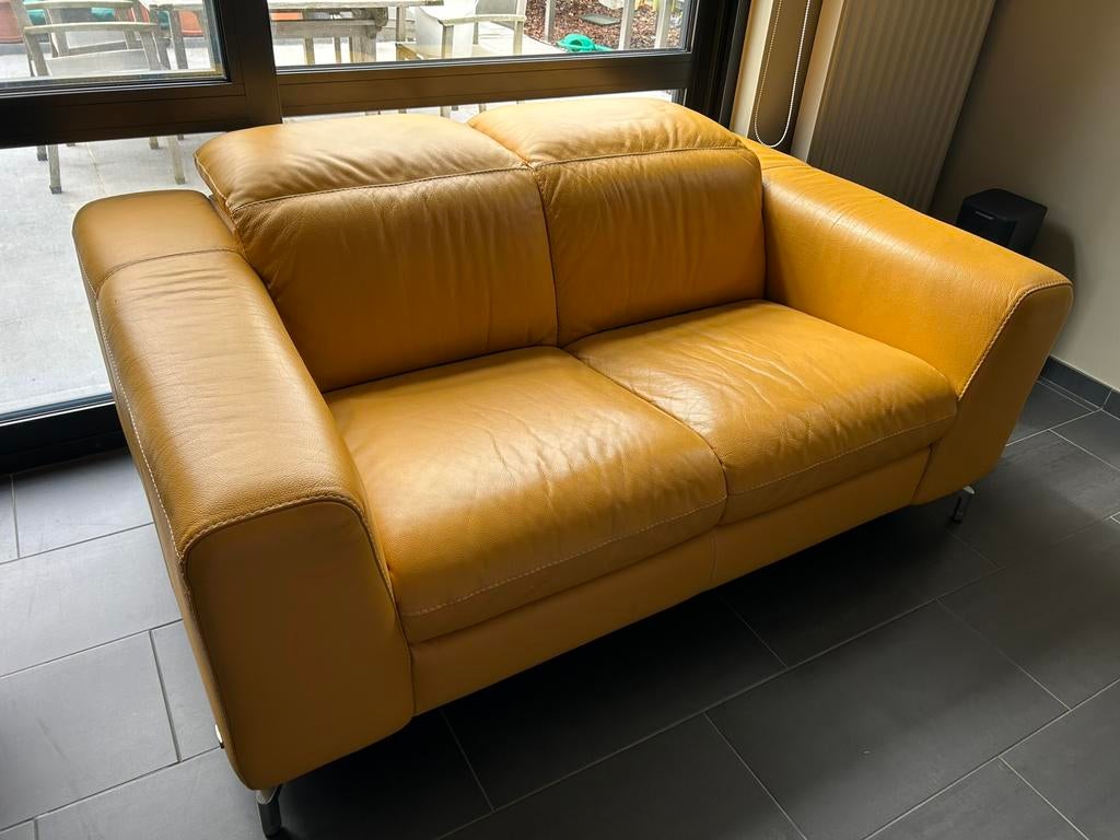 Oker gele lederen (2 zit ) zetel, Ophalen, 100 tot 125 cm, 150 tot 200 cm, Tweepersoons