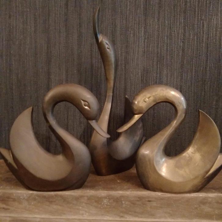 Prachtige vintage set van 3 grote koperen zwanen, Antiek en Kunst, Antiek | Brons en Koper, Koper, Verzenden