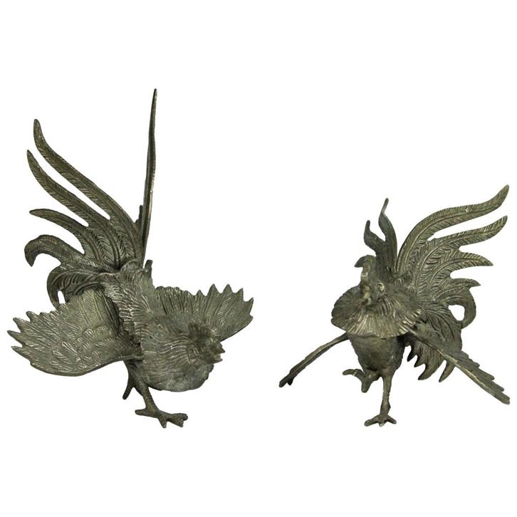 Set vintage hanen beelden – brons/messing – ca. 1950–1975, Antiek en Kunst, Antiek | Woonaccessoires, Ophalen of Verzenden