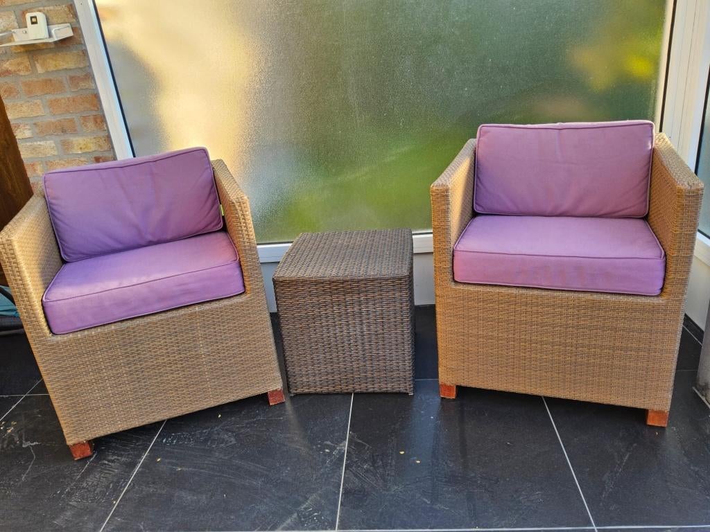 Salon de jardin résine tressée - 2 fauteuils + petite table, Osier, Salons de jardin, Comme neuf, Enlèvement