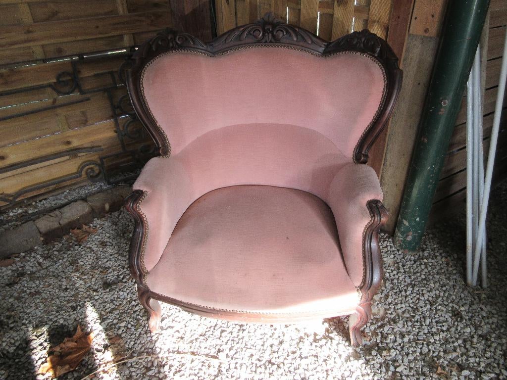 Zeer oude fauteuil zetel roze velours en hout vintage, Antiek en Kunst, Ophalen