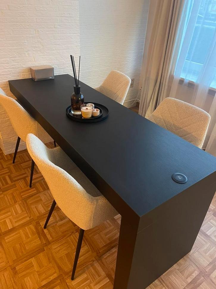 Moderne zwarte eettafel 180x60 met 1 brede poot, Huis en Inrichting, Tafels | Eettafels, Zo goed als nieuw, 50 tot 100 cm, 150 tot 200 cm