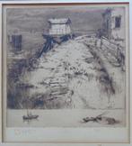 VICTOR MIGNOT / VISSERHUISJE / ZW-W ETS / 47x43cm / KADER, Antiek en Kunst, Kunst | Etsen en Gravures, Ophalen of Verzenden