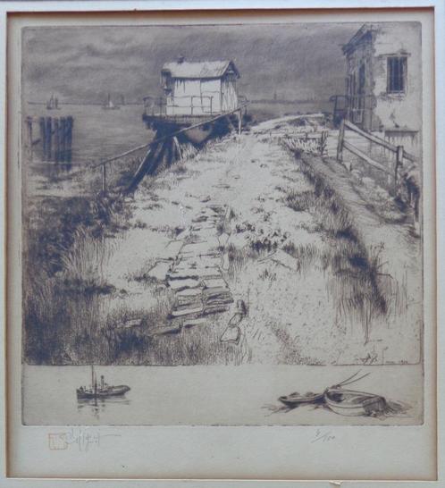 VICTOR MIGNOT / VISSERHUISJE / ZW-W ETS / 47x43cm / KADER, Antiek en Kunst, Kunst | Etsen en Gravures, Ophalen of Verzenden