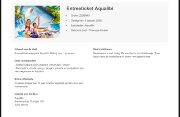 4 billets d'entrée Aqualibi > 1,20 M. Valables jusqu'au 4 ja, Tickets & Billets, Trois personnes ou plus, Ticket ou Carte d'accès