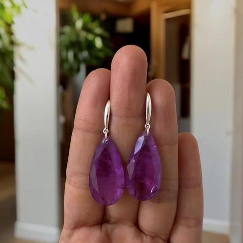 Oorbellen, amethist, zilver, Handtassen en Accessoires, Oorbellen, Nieuw, Hangers, Zilver, Paars, Met kristal, Ophalen of Verzenden