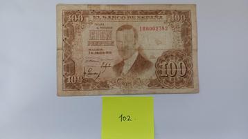 100 peseta's Spanje 1953, Postzegels en Munten, Bankbiljetten | Europa | Niet-Eurobiljetten, Ophalen of Verzenden, Overige landen