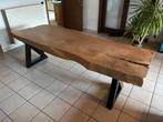 Tafel, massief houten blad, zwart gelakt metalen onderstel, Huis en Inrichting, Ophalen, 200 cm of meer, 50 tot 100 cm, Vijf personen of meer