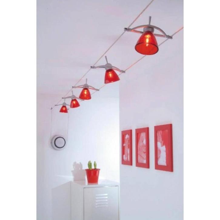 Massive Kabelverlichting –Zilver met rode glazen kapjes–2004, Antiek en Kunst, Antiek | Verlichting, Ophalen of Verzenden