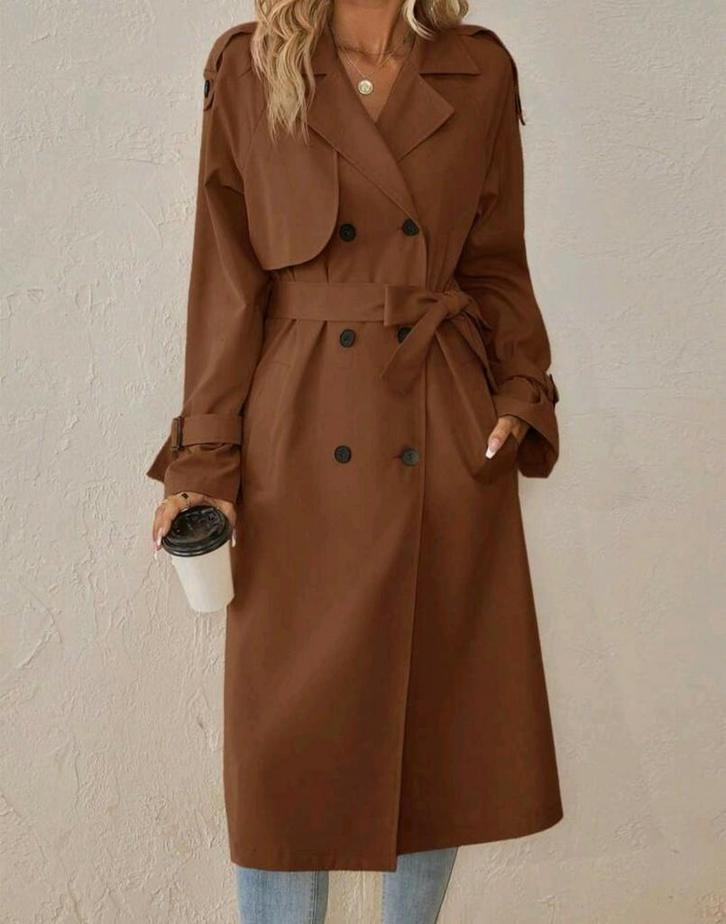 Chique elegante elegante bruine lange trenchcoat met riem vo, Kleding | Dames, Jassen | Zomer, Nieuw, Maat 42/44 (L), Bruin, Ophalen of Verzenden