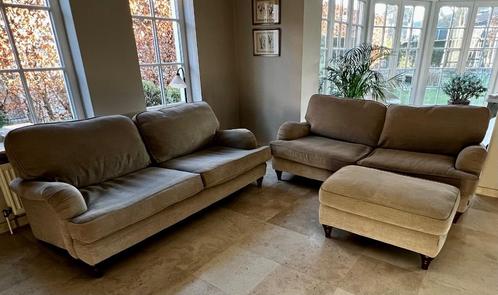 2 sièges + pouf de salon tissu beige style campagnard Flaman, Maison & Meubles, Canapés | Salons, Comme neuf, Banc droit, 150 à 200 cm