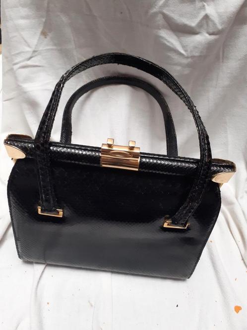 Vintage zwarte slangenlederen/lizard handtas, Handtassen en Accessoires, Tassen | Damestassen, Gebruikt, Handtas, Zwart, Ophalen of Verzenden