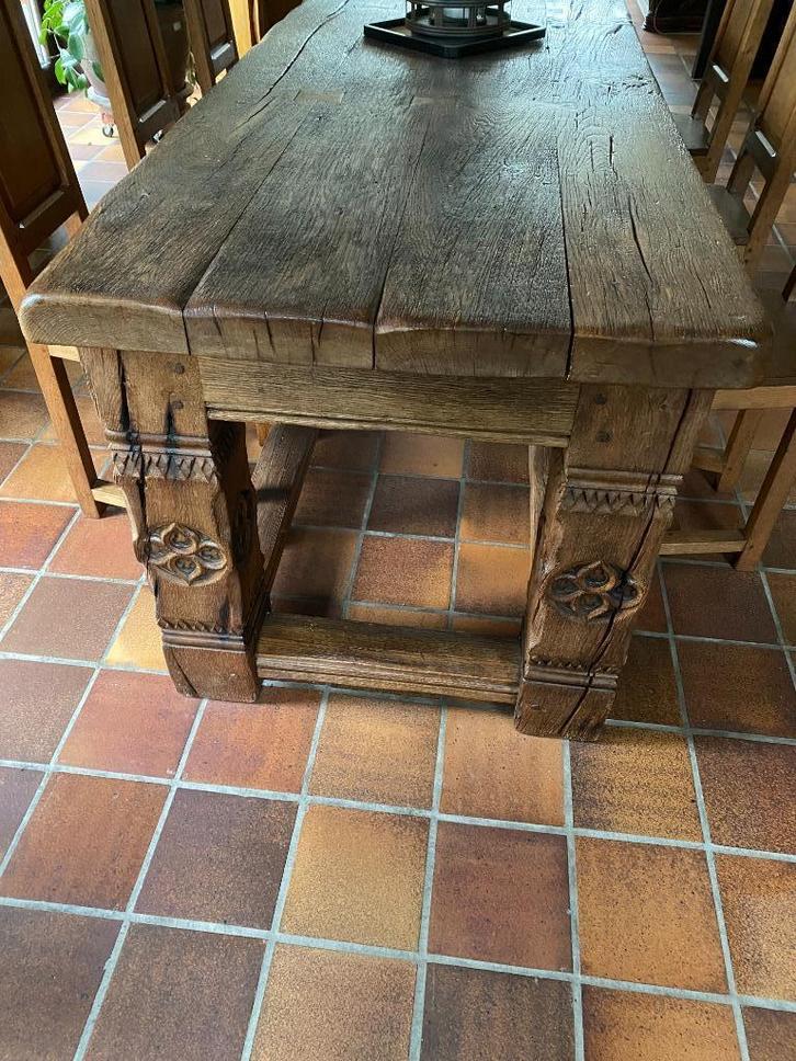 Rustieke tafelset 250 cm + 6 stoelen in massief eikenhout, Huis en Inrichting, Tafels | Eettafels, Gebruikt, 50 tot 100 cm, 200 cm of meer