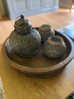 Houten plateau met smeedijzeren theelichtjes, Huis en Inrichting, Woonaccessoires | Schalen en Manden, Schaal, Rond, Ophalen of Verzenden
