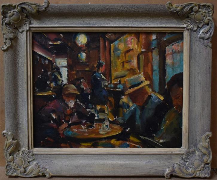 Leo Bervoets==Café Scene, Antiek en Kunst, Kunst | Schilderijen | Klassiek, Ophalen of Verzenden