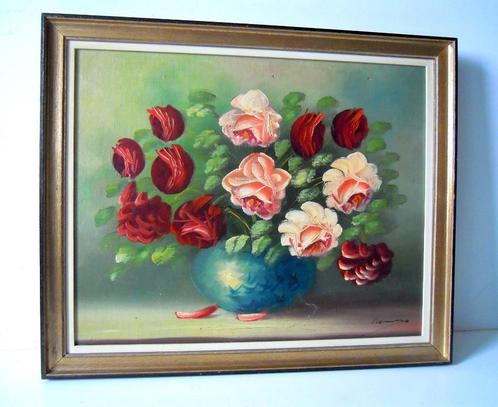 Peinture signée avec des roses (peinture à l'huile), Antiquités & Art, Art | Peinture | Classique, Enlèvement ou Envoi