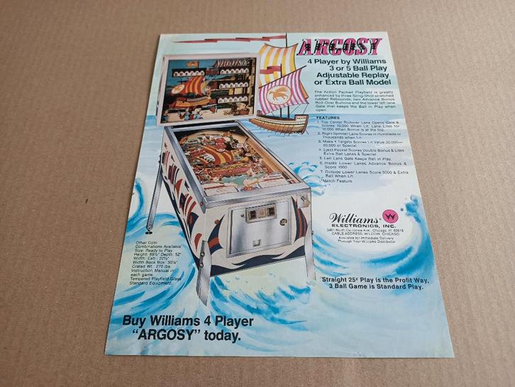 Flyer: Williams Argosy (1977) Flipperkast, Collections, Machines | Flipper (jeu), Williams, Envoi