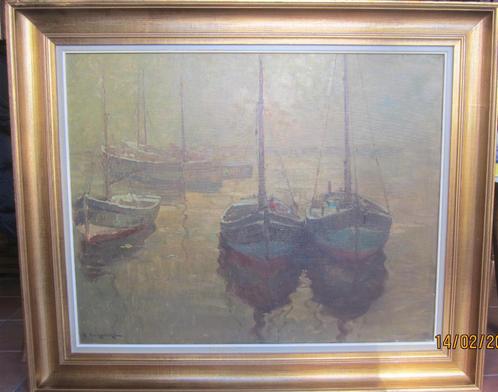PIERRE VERBEKE - "Bateaux de pêche à la lumière du soir", Antiquités & Art, Art | Peinture | Classique, Enlèvement