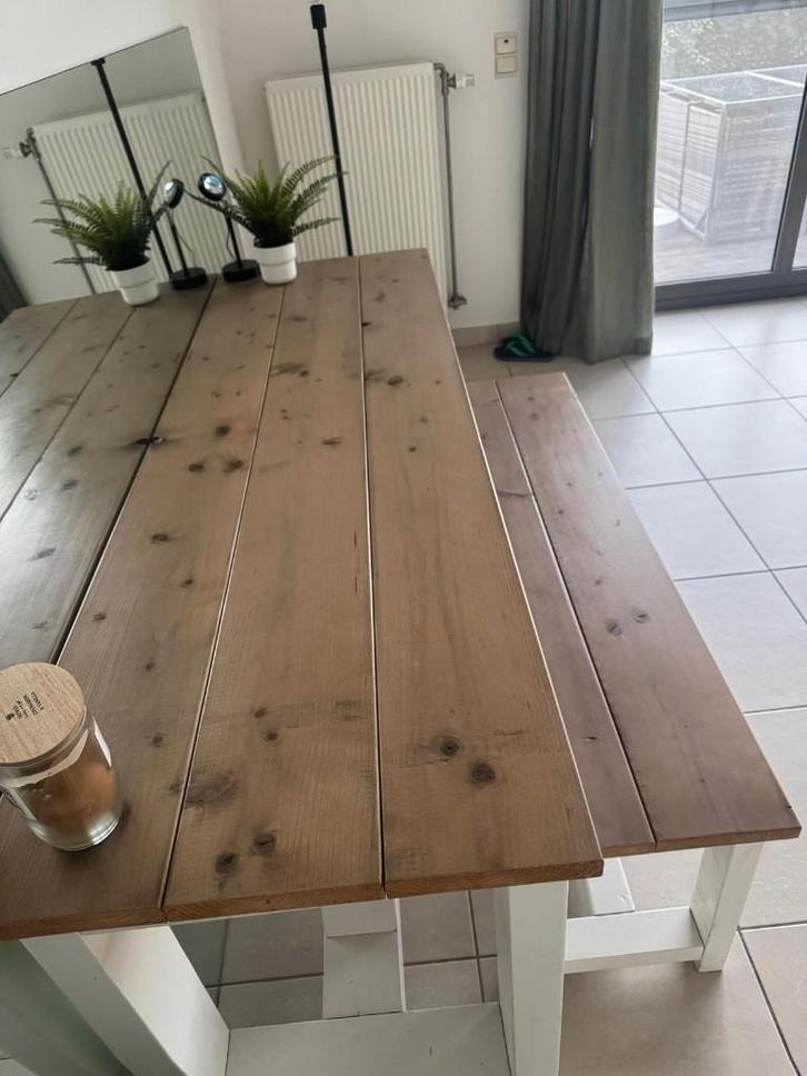 Zeer unieke op maat gemaakte en hippe eettafel met bankje, Huis en Inrichting, Tafels | Eettafels, Zo goed als nieuw, Eikenhout