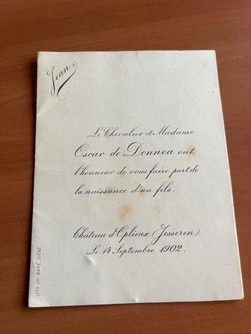 Carte naissance Jean De Donnea -Château d'Oplieux 1902 beschikbaar voor biedingen