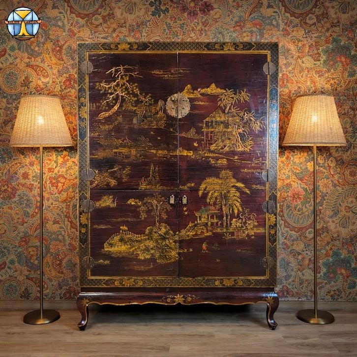 Vintage Chinese kast (rood/goud) traditioneel tafereel boho, Antiek en Kunst, Kunst | Schilderijen | Abstract, Ophalen of Verzenden