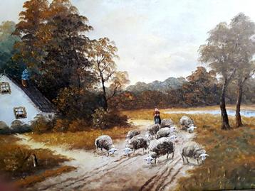 Oud gesigneerd schilderij, herderin en schapen beschikbaar voor biedingen